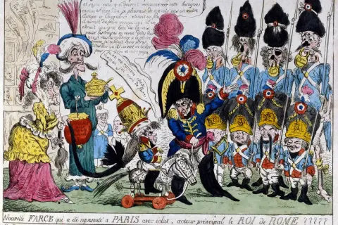 Le roi de Rome 1811, jeune prince sur un jouet, passe en revue des soldats caricaturaux. Une scène satirique de la cour impériale.