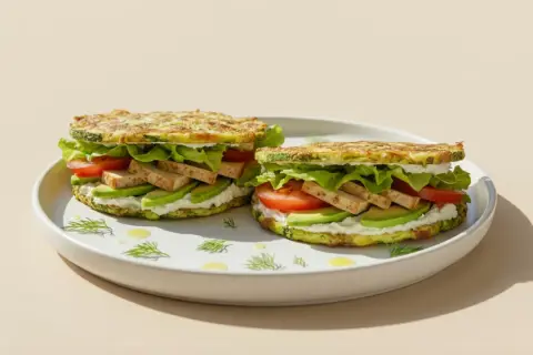 Zwei köstliche low carb sandwiches mit Zucchini-Patties, Avocado, Tomate, Tofu und Salat auf einem Teller.