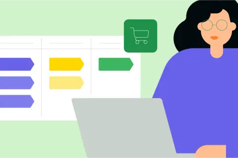 Mujer gestionando un ecommerce con un crm. Icono de carrito de compras y tablero visual.