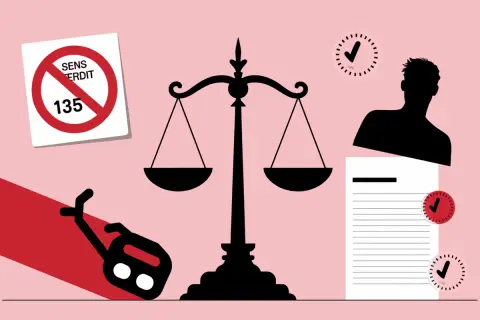 Panneau sens interdit 135, balance de la justice, silhouette d'homme, documents et horloges.