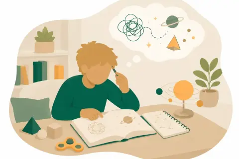 Pojke med tankar om rymden och geometri, kanske en illustration av adhd gradering. En fidget spinner ligger på bordet.