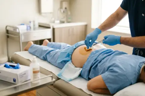 Lekarz w niebieskich rękawiczkach zakłada opatrunek na plecy pacjenta. W tle widać sprzęt medyczny i fartuch.