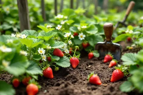 Un champ de fraises mûres, une variété de fraise parfaite pour la récolte, avec une petite pelle à proximité.