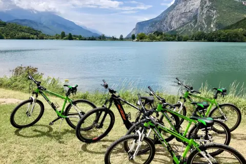 Biciclette verdi pronte per un'avventura sul lungolago di Riva del Garda, con montagne maestose sullo sfondo.