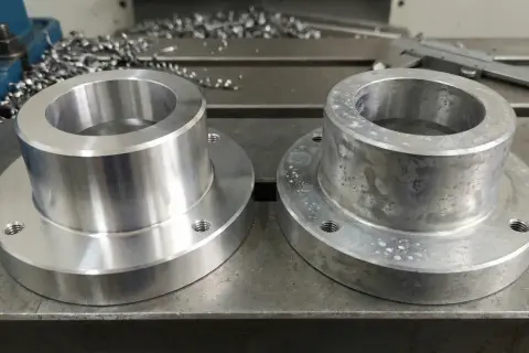 Dwa metalowe elementy, jeden lśniący po obróbce z użyciem chłodziwa do obróbki skrawaniem, drugi z nalotem.