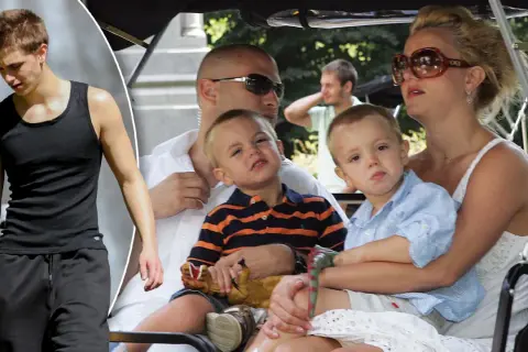 Britney Spears z dziećmi, Sean Preston i Jayden James, w wózku. Obok widać starszego syna, Seana.