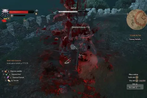 Geralt w ferworze walki z Dettlaffem zadaje potężne ciosy. Krew tryska, a potwór słabnie.