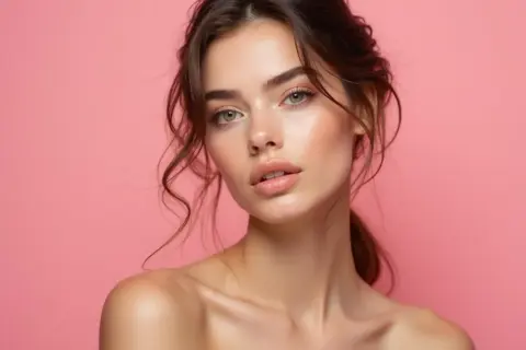 Portret młodej kobiety o delikatnym makijażu i rozpuszczonych włosach. Jej skóra lśni, podkreślając naturalne piękno. Styl clean girl.