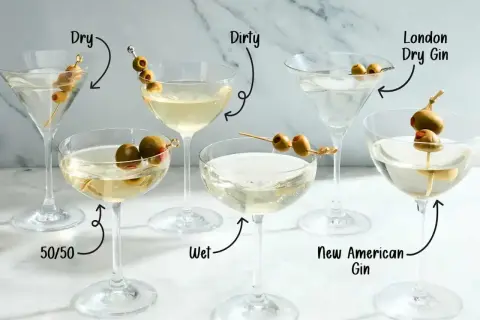 Różne rodzaje wódki z martini, od "Dry" po "Dirty", z oliwkami i etykietami wskazującymi na składniki.