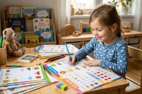Uśmiechnięta dziewczynka rysuje kredką, otoczona materiałami do nauki. To świetna pomoc w przedszkolu, która rozwija kreatywność i umiejętności.