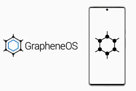 Logo GrapheneOS z symbolem grafenu i nazwą systemu. Obok smartfon z tym samym symbolem na ekranie.