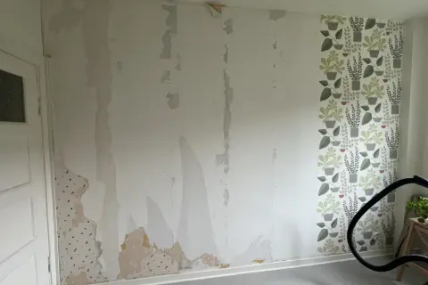 Väggen är delvis avskalad, en del tapet sitter kvar. En ny tapet med gröna växter är på väg att måla på tapet eller riva.