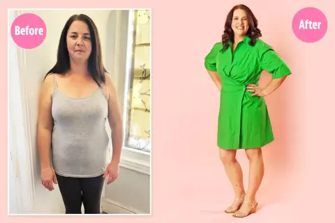 Kobieta przed i po. Po zastosowaniu diety jajecznej schudła i wygląda promiennie w zielonej sukience.
