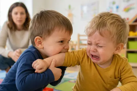 Chłopiec gryzie ramię innego dziecka, które płacze. Widać, że dziecko nie radzi sobie z emocjami.