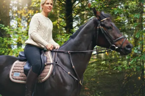 Kobieta na koniu podczas lekcji jazdy konnej w lesie. Słońce przebija się przez drzewa.