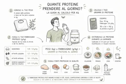 Guida per calcolare quante proteine assumere al giorno in base al peso e all'attività fisica, con esempi e fonti proteiche.