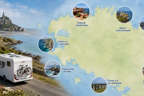 Autocaravana en una carretera costera, con Mont-Saint-Michel al fondo. Un mapa ilustra la ruta por la Bretaña francesa, destacando varios puntos de interés.