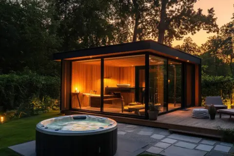 Relaks w ogrodzie: nowoczesna sauna i jacuzzi. Idealne miejsce, by sprawdzić, czy po saunie można iść do jacuzzi.