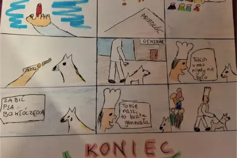 Rysunkowy komiks z dymkami i postaciami, przedstawiający sceny z psem i ludźmi.
