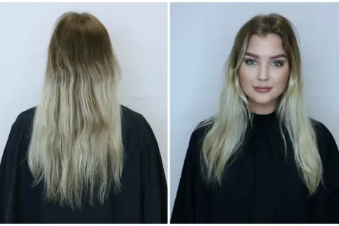 Före och efter-bild på en kvinna med långt blont hår. En förvandling med hairtalk by emelie.