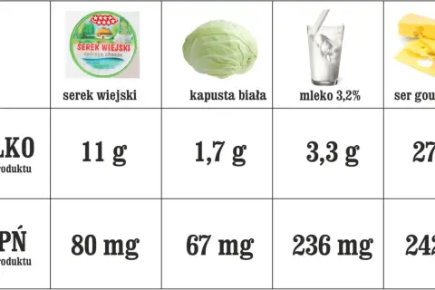 Serek wiejski ma 11 g białka na 100 g. Tabela porównuje też białko i wapń w kapuście, mleku i serze gouda.