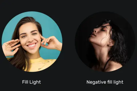 Two portraits: one bright with a smiling woman, the other dark and moody, showcasing the effect of negative fill light.