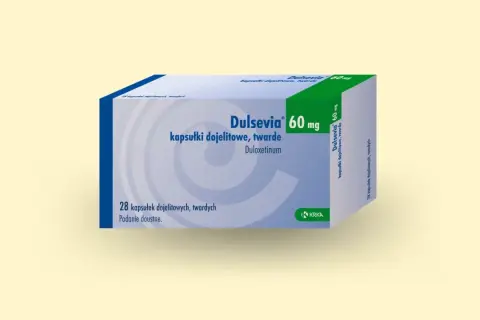 Opakowanie leku Dulsevia 60 mg, zawierające 28 kapsułek dojelitowych twardych z duloksetyną. Stosowany na depresję i inne schorzenia.