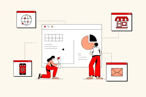Ilustración que muestra cómo funciona una tienda online: personas interactuando con gráficos, un globo terráqueo, un móvil, una tienda y un email.
