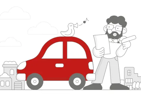 Ilustracja: mężczyzna z notatnikiem i ołówkiem obok czerwonego samochodu, na którym siedzi ptaszek.