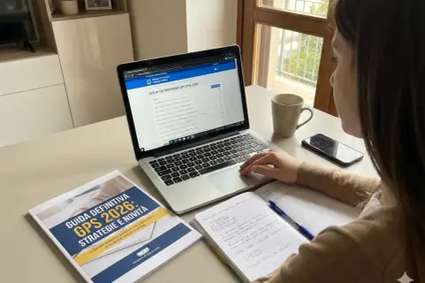 Ragazza che compila online le preferenze GPS 2026-2028, con guida e quaderno per un punteggio per accompagnamento.