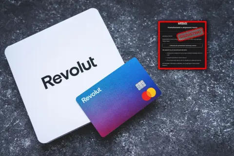 Oszustwo na Revolut! Zbliża się revolut logowanie bez aplikacji, ale uważaj na fałszywe powiadomienia. Karta Revolut i białe pudełko na ciemnym tle.