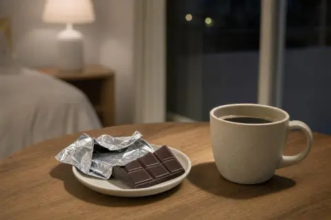 Tavoletta di cioccolato e tazza di caffè su un tavolo di legno. Ricorda che il caffè fa male al fegato, meglio godersi il cioccolato con moderazione.