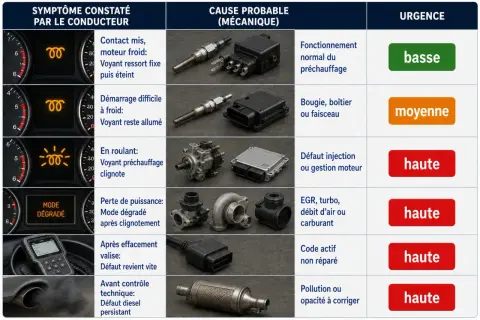 En roulant, le voyant préchauffage clignote. Cela peut indiquer un défaut d'injection ou de gestion moteur, nécessitant une intervention urgente.