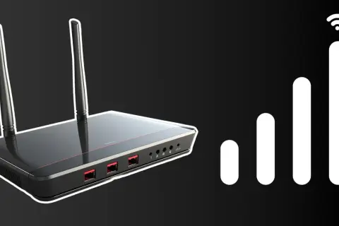 Router Wi-Fi z antenami i ikoną zasięgu sygnału.