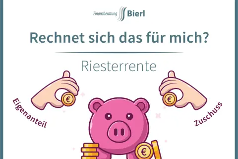 Grafik zeigt eine Sparschwein mit Münzen. Hände legen Münzen als Eigenanteil und Zuschuss hinein. Ist die Riesterrente sinnvoll?