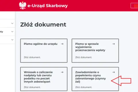 Zawiadomienie o popełnieniu czynu zabronionego (czynny żal) - opcja złożenia dokumentu w e-Urzędzie Skarbowym.