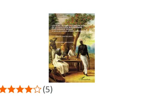 Illustration d'une scène historique avec des personnes d'origine africaine, et le titre d'un livre sur les noms de famille.