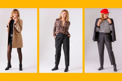 Eleganckie stylizacje dla dojrzałych pań: płaszcz i skórzana spódnica, panterkowy sweter z cygaretkami, marynarka i paski.