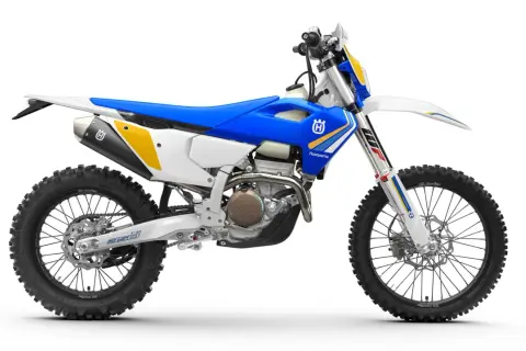 Husqvarna 350 dane techniczne: biało-niebieski motocykl crossowy z żółtymi akcentami, gotowy na terenowe wyzwania.