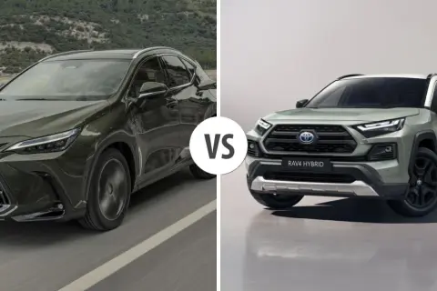 Dwa SUV-y: ciemnozielony Lexus NX i jasnozielony Toyota RAV4 Hybrid, z napisem "VS" pośrodku.