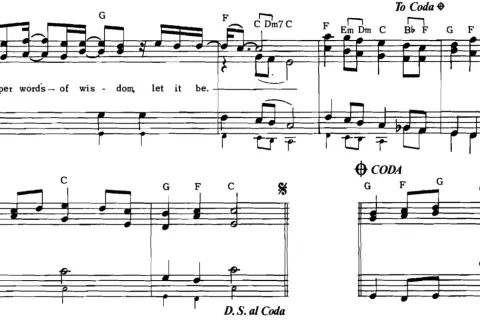 Fragment nutowy z tekstem "Whisper words of wisdom, let it be." oraz oznaczeniem "To Coda" i "CODA".