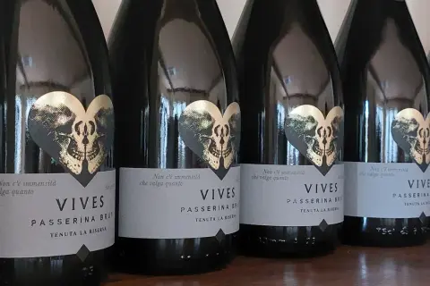 Bottiglie di Vives Passerina Brut, un vino fermo o frizzante, con etichetta a forma di cuore con teschio dorato.