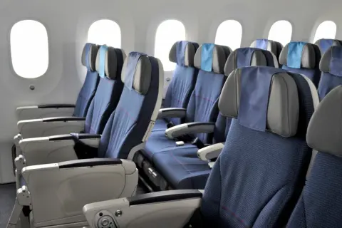 Reihe von blauen Flugzeug Sitze mit grauen Kopfstützen und kleinen blauen Kissen.