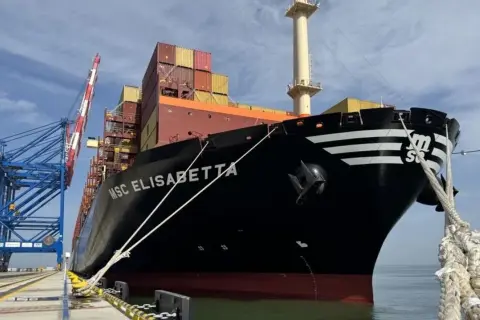 Ogromny kontenerowiec MSC Elisabetta cumuje przy nabrzeżu, gotowy do załadunku.