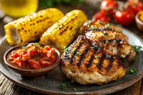 Grillade kycklinglårfile med majskolvar och tomatsalsa. Perfekt sommarmat!