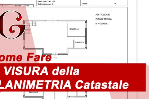 Planimetria catastale cos'è: schema di una casa con cucina e bagno, testo "Come Fare la VISURA della PLANIMETRIA Catastale".