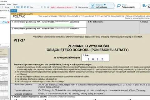 Zrzut ekranu z programu do rozliczania PIT-37, widoczny formularz zeznania podatkowego.