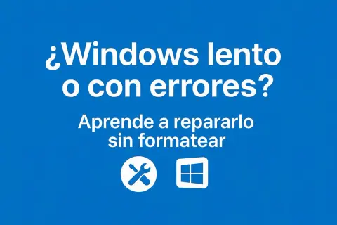 ¿Windows lento o con errores? Aprende a reparar Windows 11 sin formatear. Iconos de herramientas y logo de Windows.