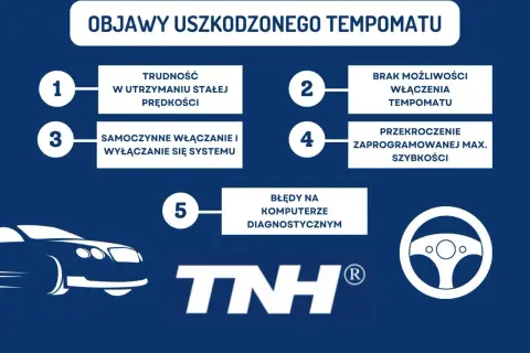 Objawy uszkodzonego tempomatu: trudność w utrzymaniu prędkości, samoczynne włączanie/wyłączanie, brak możliwości włączenia, przekroczenie max. prędkości, błędy diagnostyczne.