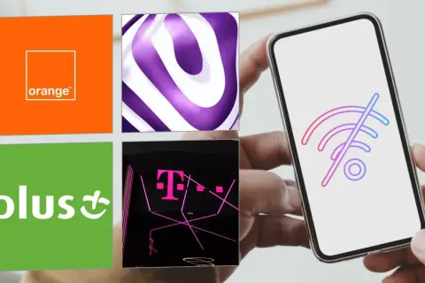 Ikony operatorów Orange, Plus i T-Mobile. Na ekranie telefonu symbol braku połączenia, sugerujący automatyczne rozłączanie połączenia.